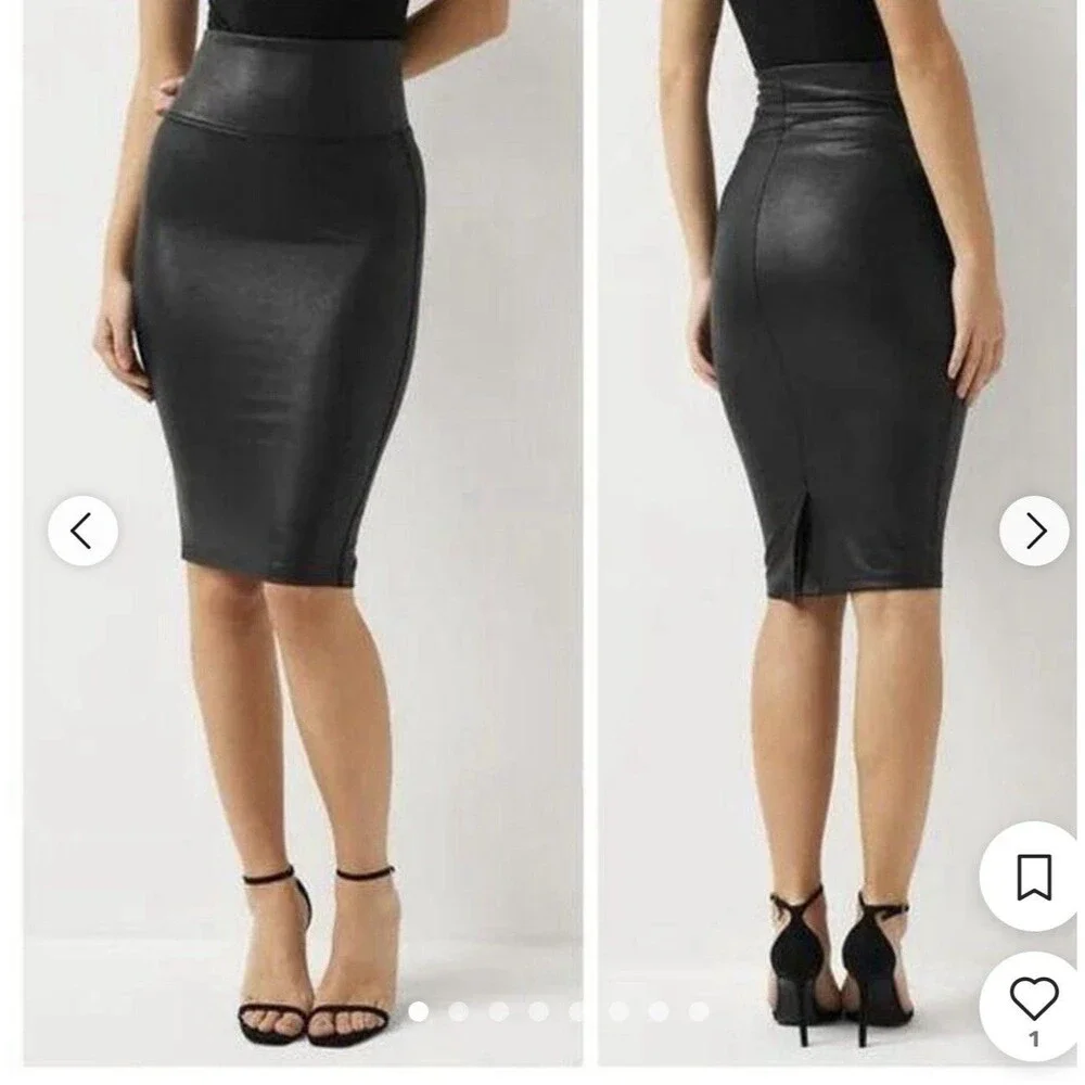 SPANX Faux Leather Pencil Midi Skirt  Black High Waisted Pull-On - Size L
